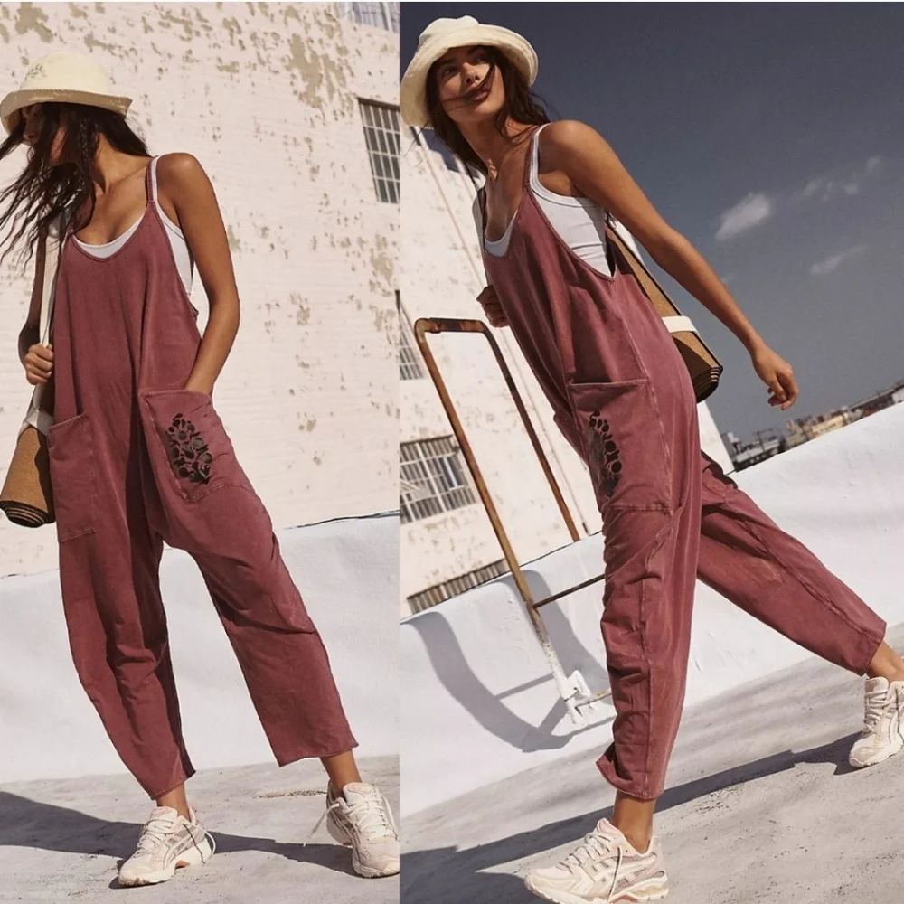 New Free People FP Movement Hot Shot Logo Onesie Mocha Combo Overalls Jumpsuit L - Picture 1 of 16